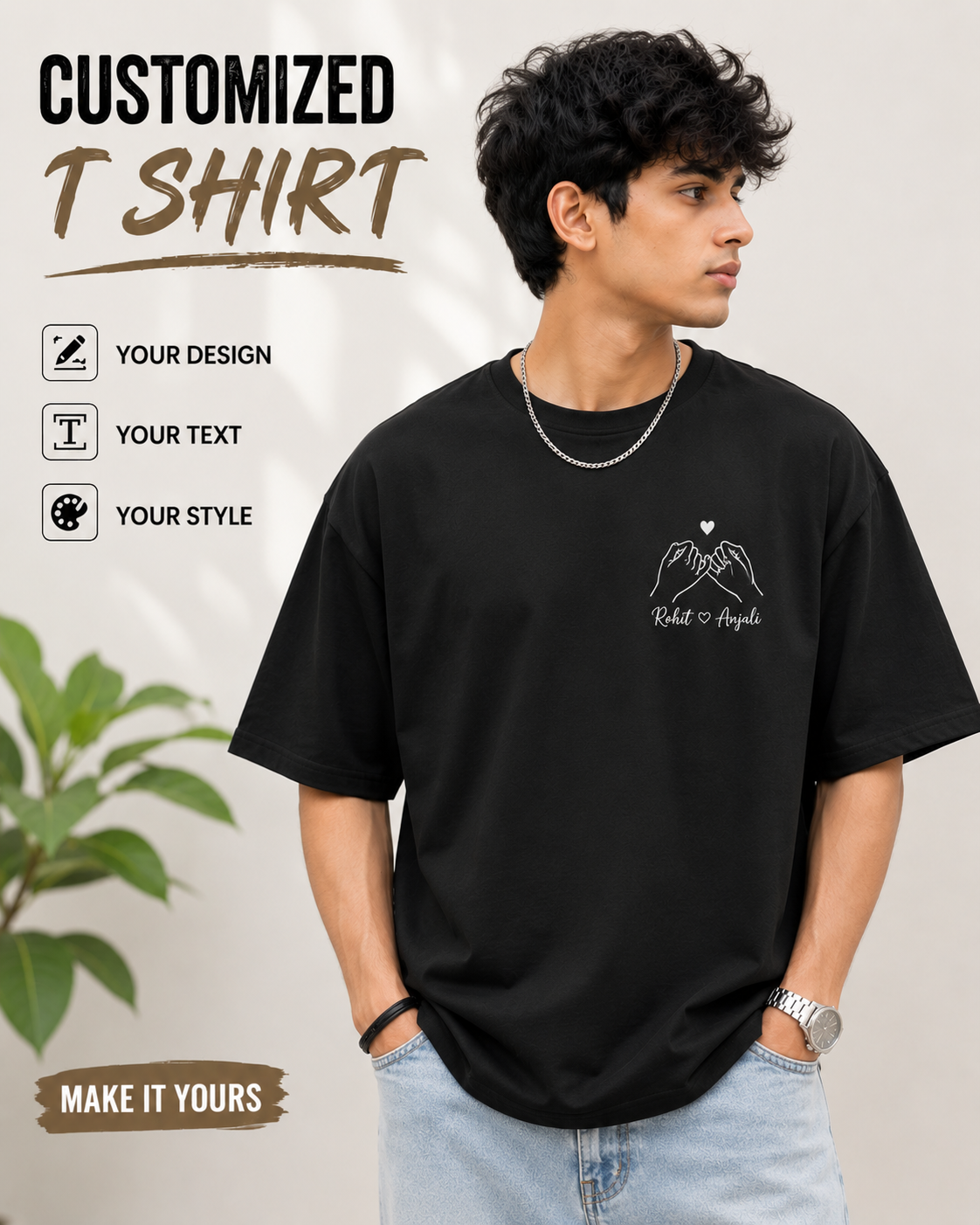 Customized Oversized Black T-Shirt – Personalized Couple Design