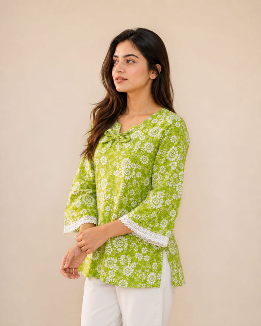 Printed Lace Short Cotton Kurti