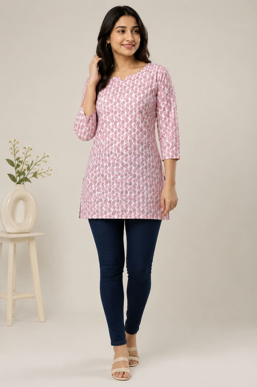 Pink Floral Printed Cotton Short Kurti
