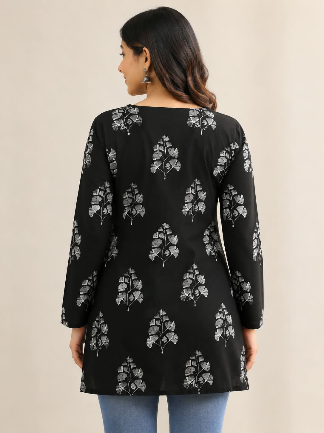 Black Floral Printed Rayon Short Kurti