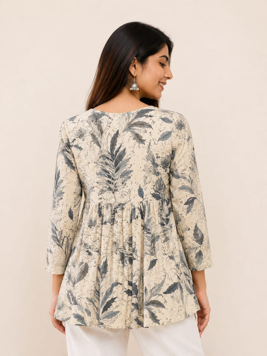Beige Botanical Printed Short Kurti