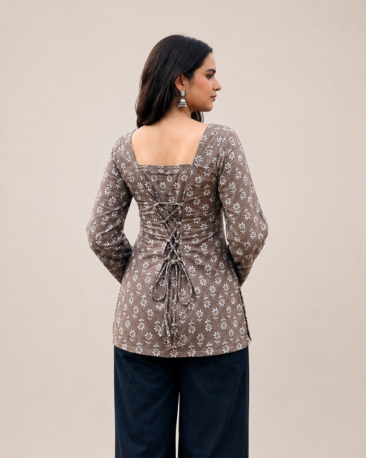 Premium Brown Floral Rayon Short Kurti