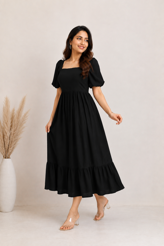 Elegant Black Puff Sleeve Midi Dress