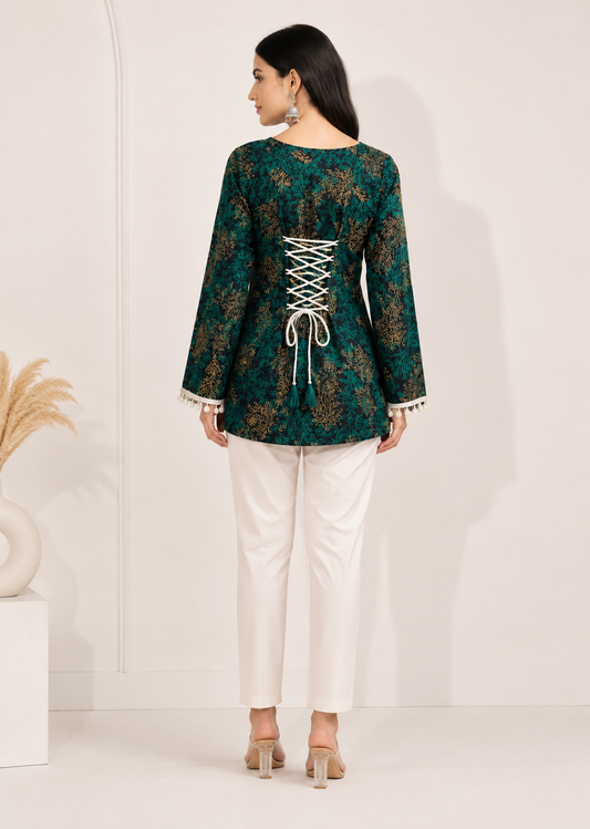 Elegant Green Floral Printed Short Kurti