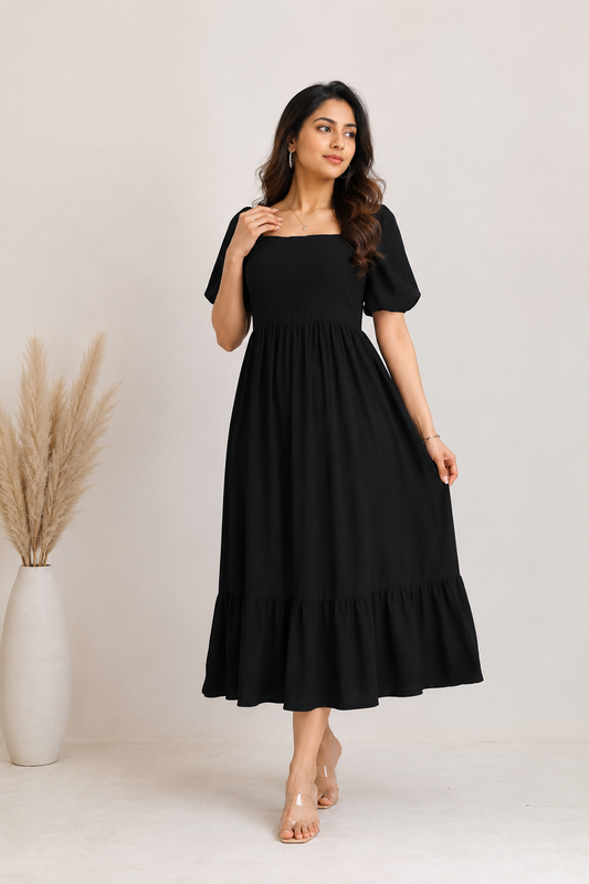 Elegant Black Puff Sleeve Midi Dress