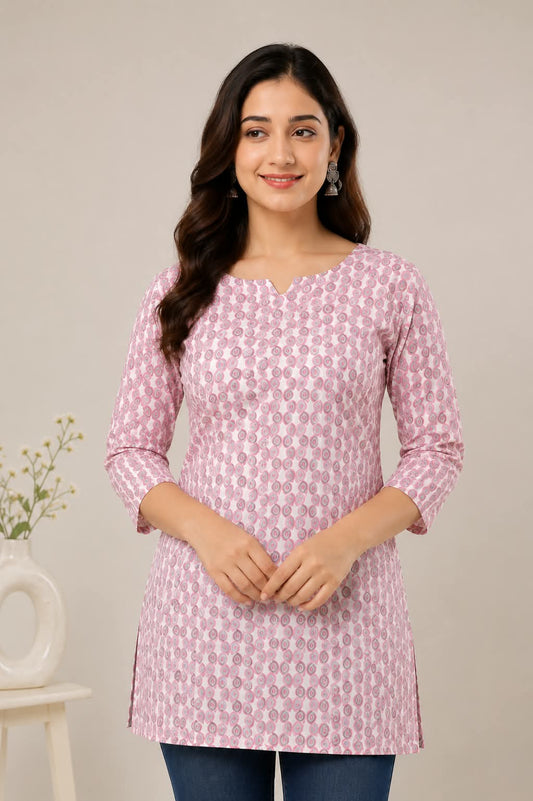 Pink Floral Printed Cotton Short Kurti