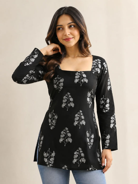 Black Floral Printed Rayon Short Kurti