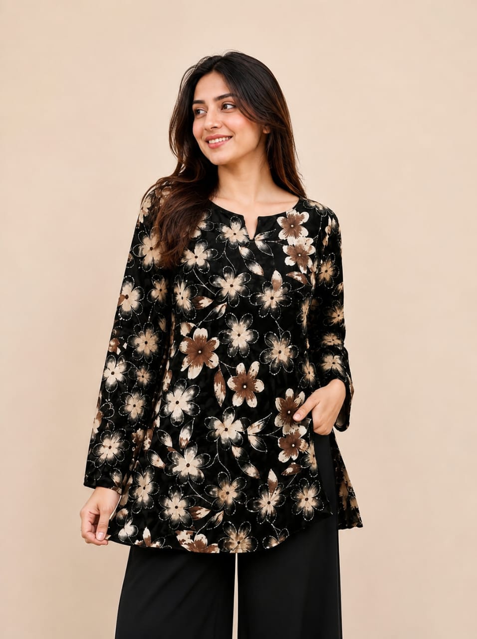 Black Floral Printed Anarkali Kurti