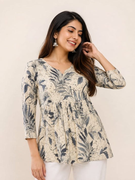 Beige Botanical Printed Short Kurti