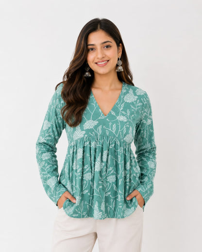 Green Floral Printed A-Line Kurti