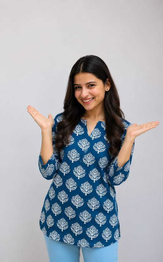 Classic Blue Printed Casual Short Kurti for Jeans