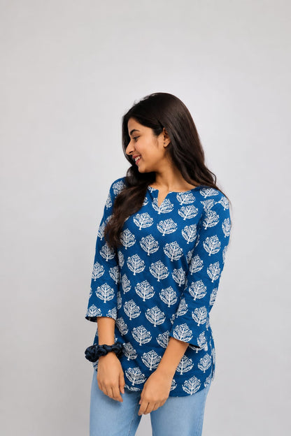 Classic Blue Printed Casual Short Kurti for Jeans
