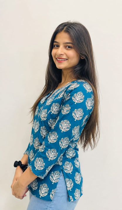 Classic Blue Printed Casual Short Kurti for Jeans