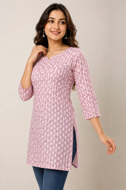 Pink Floral Printed Cotton Short Kurti