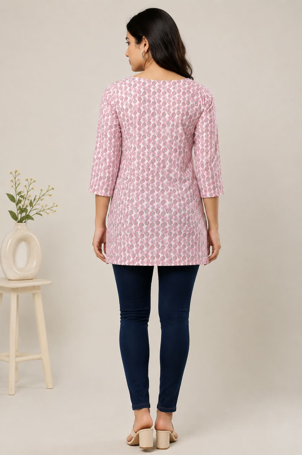 Pink Floral Printed Cotton Short Kurti