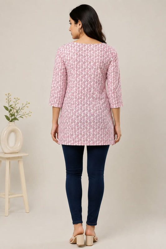 Pink Floral Printed Cotton Short Kurti