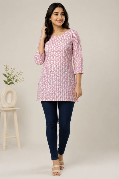 Pink Floral Printed Cotton Short Kurti