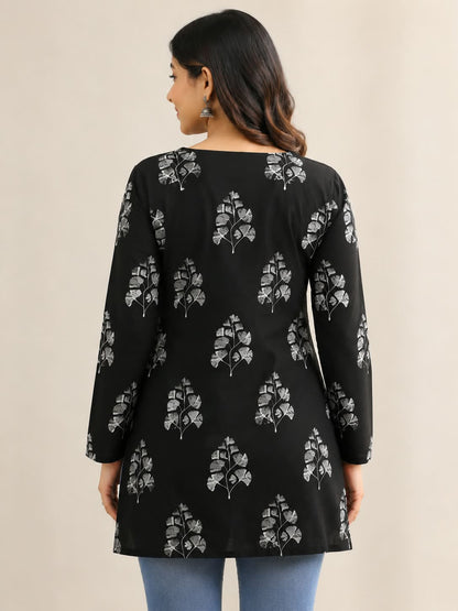 Black Floral Printed Rayon Short Kurti