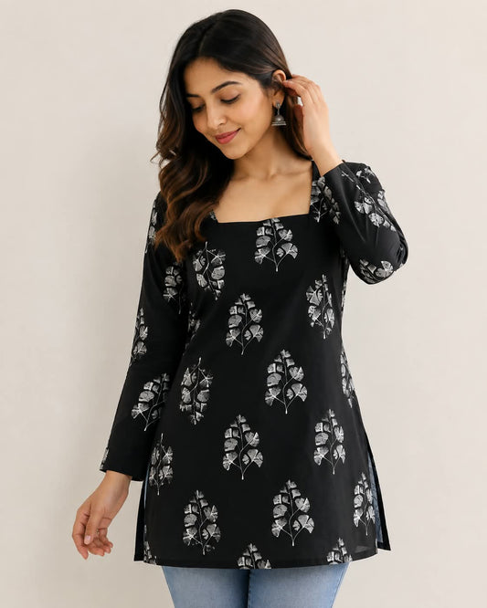 Black Floral Printed Rayon Short Kurti