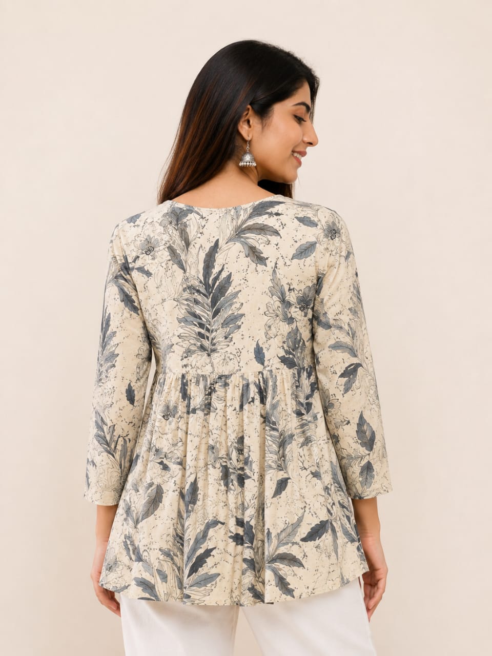Beige Botanical Printed Short Kurti