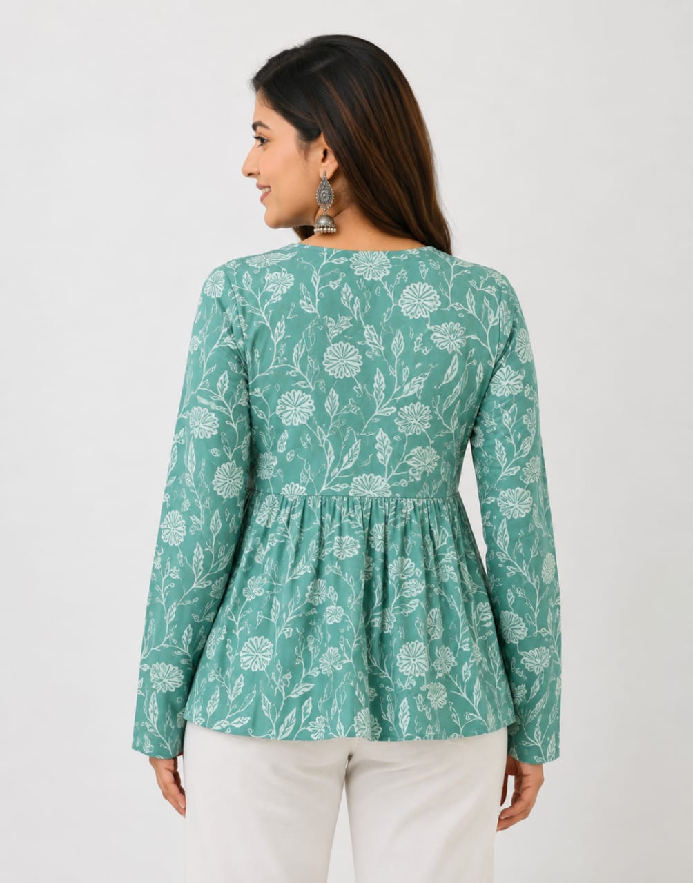 Green Floral Printed A-Line Kurti