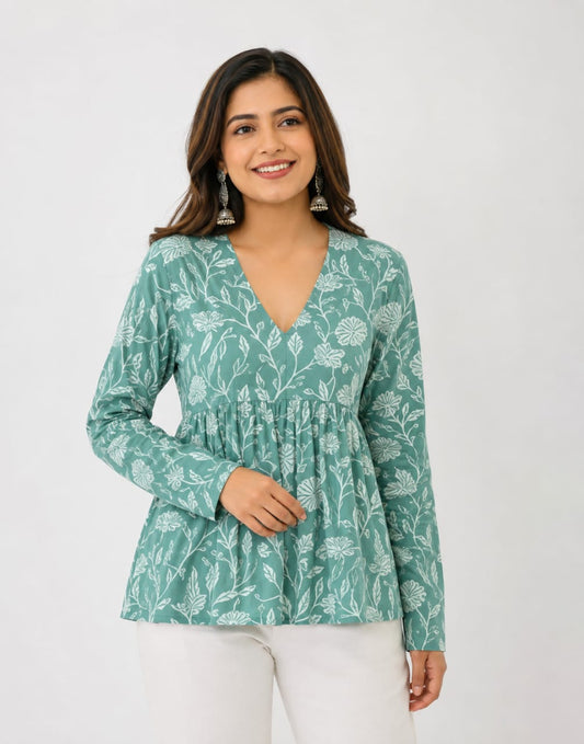 Green Floral Printed A-Line Kurti