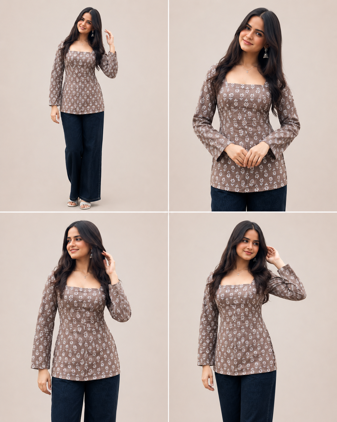 Premium Brown Floral Rayon Short Kurti