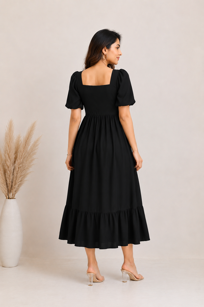 Elegant Black Puff Sleeve Midi Dress