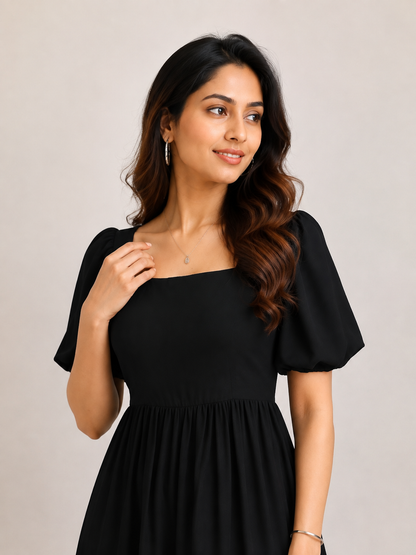 Elegant Black Puff Sleeve Midi Dress