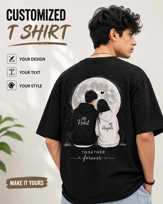 Customized Oversized Black T-Shirt – Personalized Couple Design