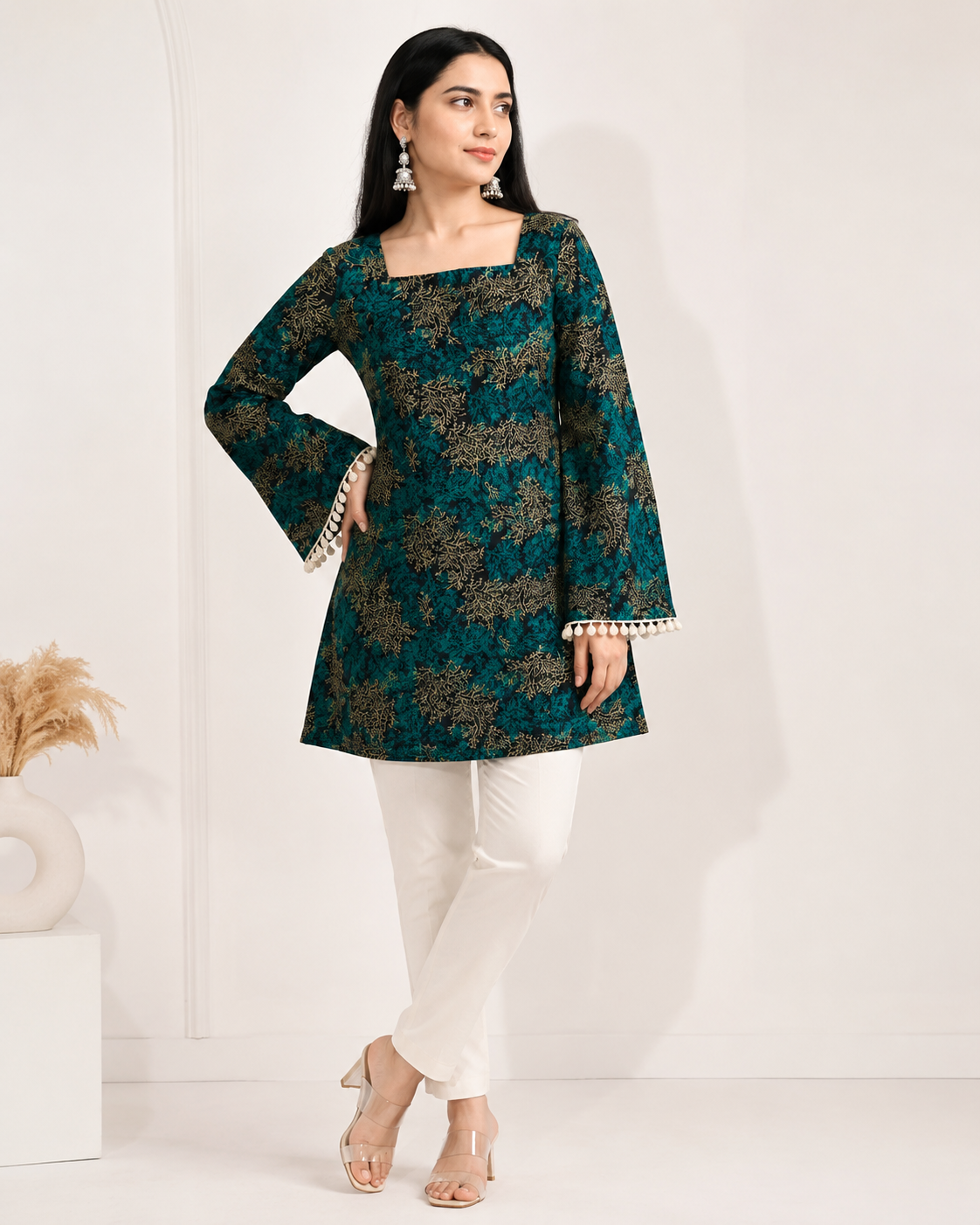 Elegant Green Floral Printed Short Kurti
