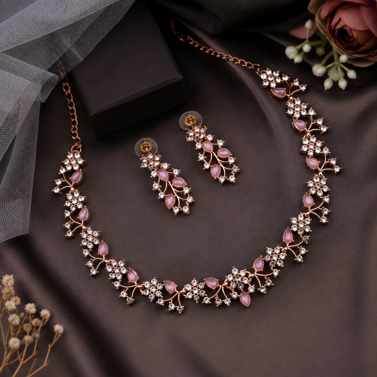 Rose Gold Floral Crystal Jewellery Set